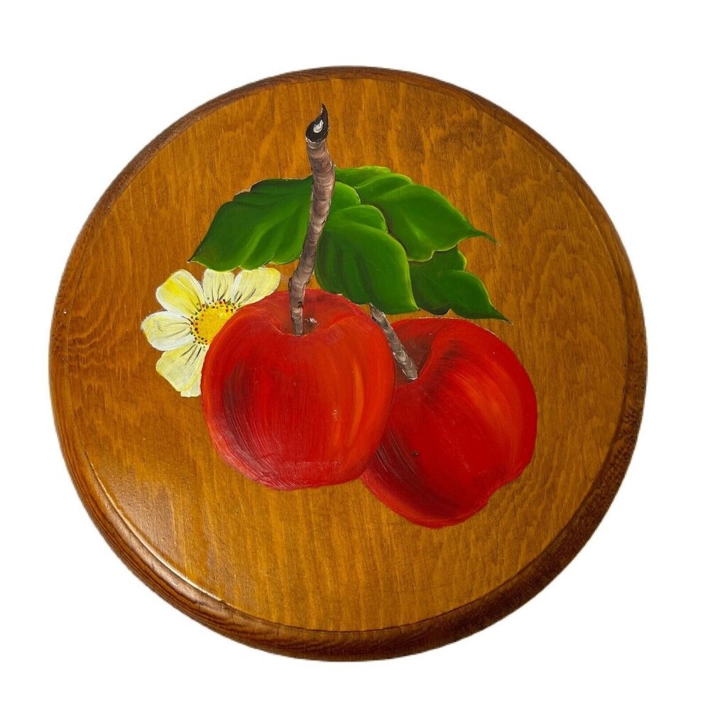 Hand Painted Wooden Wall Plaque Fruits Apple Design Art Home Decor Round